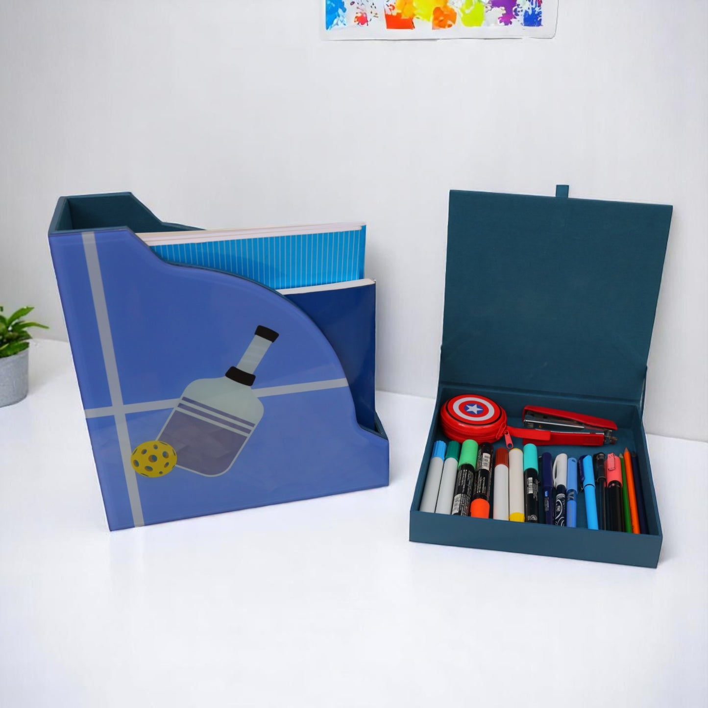Premium Glass Magazine Holder & Stationery Organizer with Pickle Ball Design