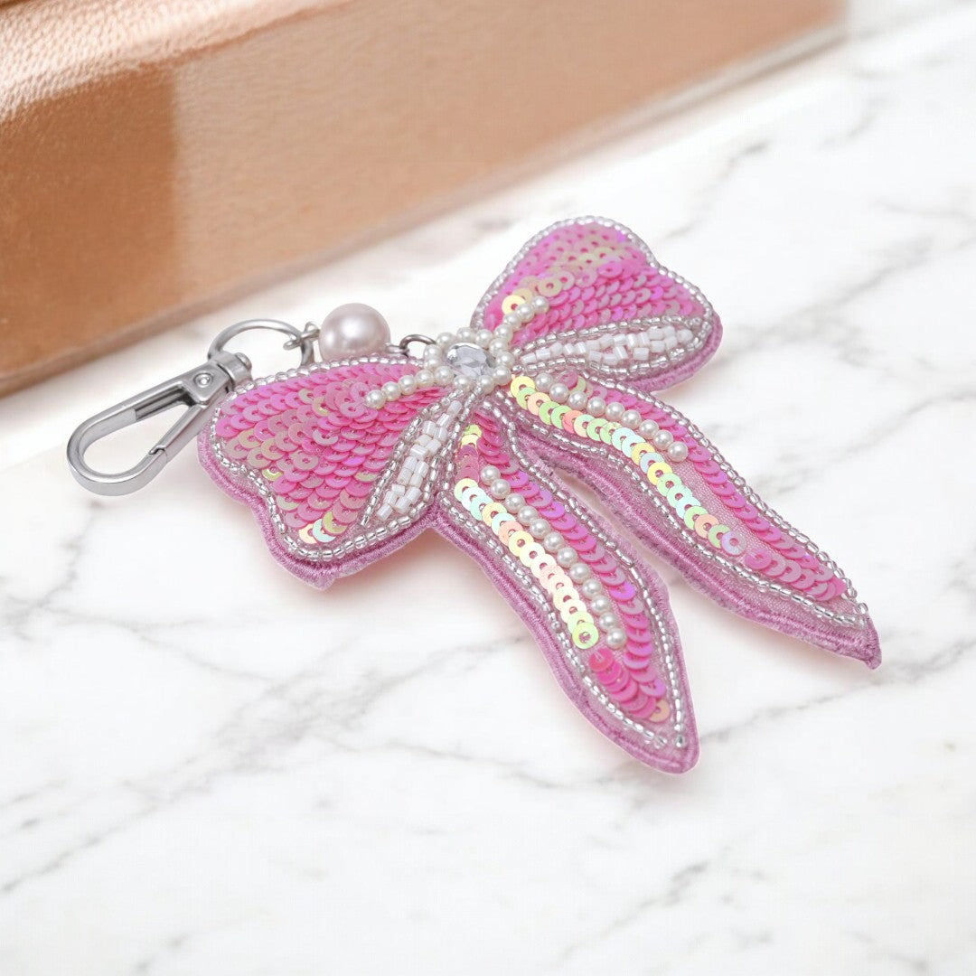 Pink Bow Hand Embroidered Bag Charm for Valentine's Day