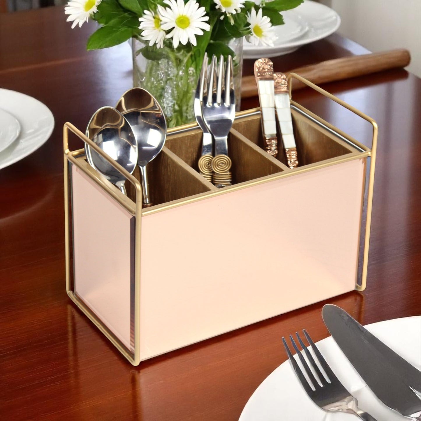 Luxury Rose Gold Glass Cutlery Holder With Three Partition