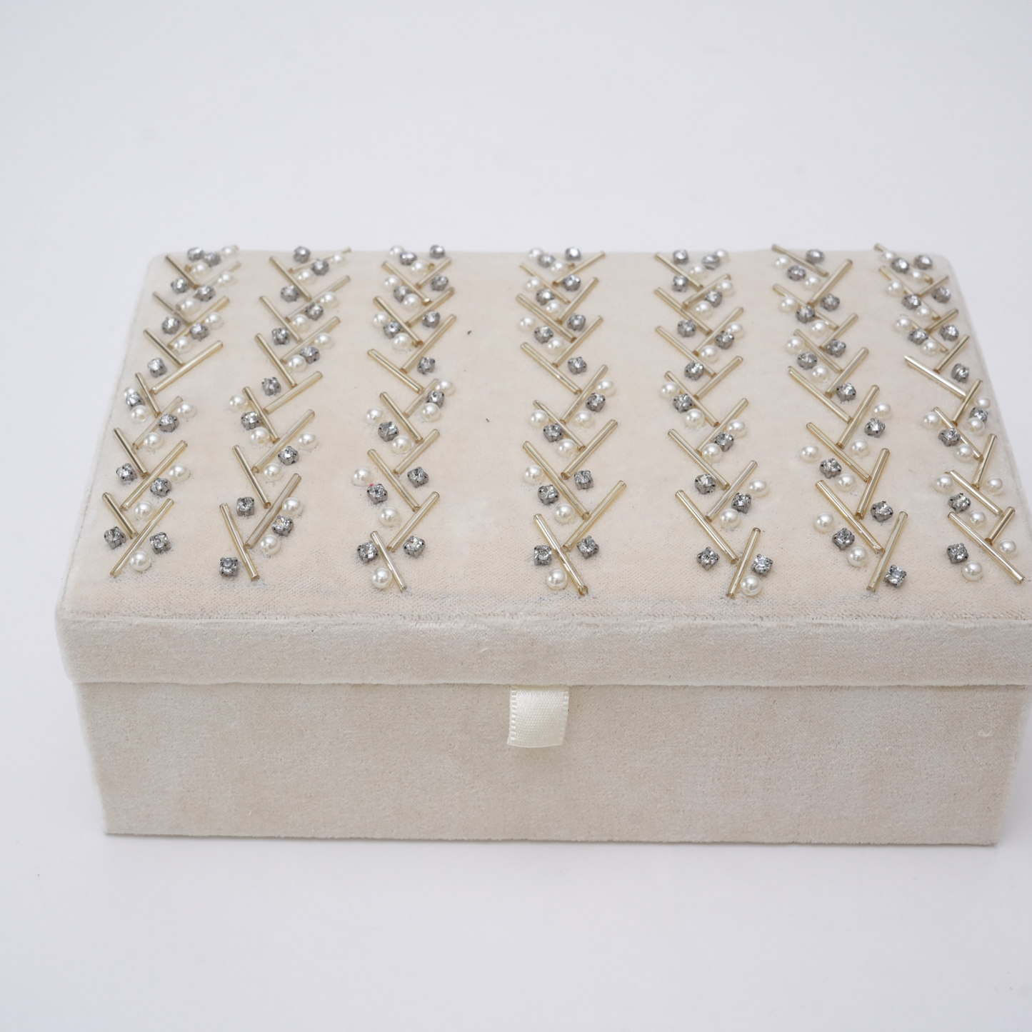 Beaded Ivory Velvet Jewelry Box