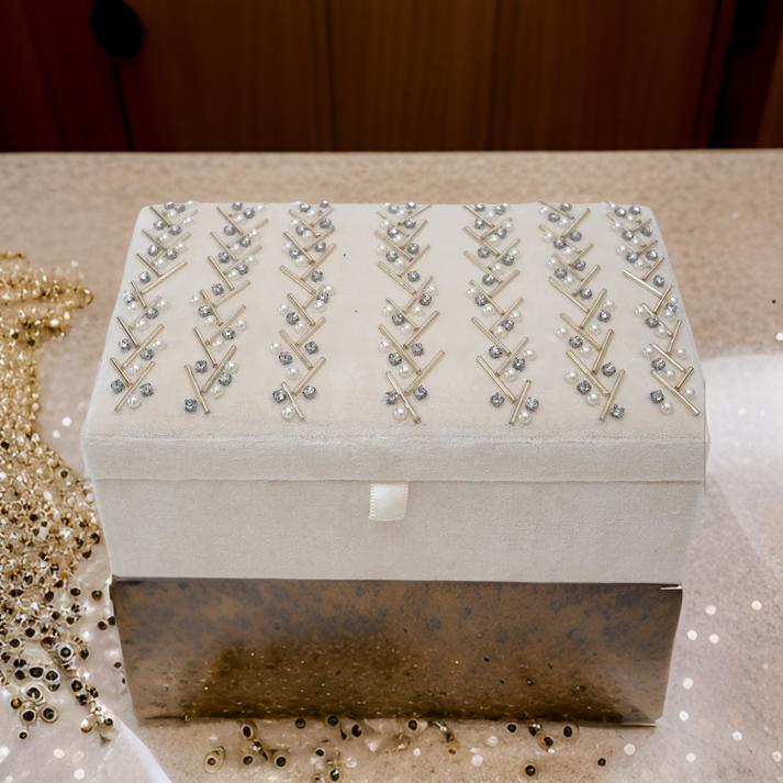 Beaded Ivory Velvet Jewelry Box