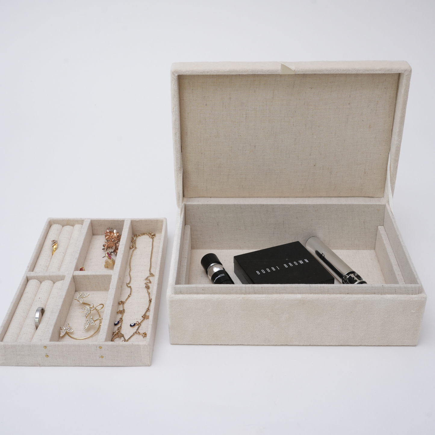 Beaded Ivory Velvet Jewelry Box
