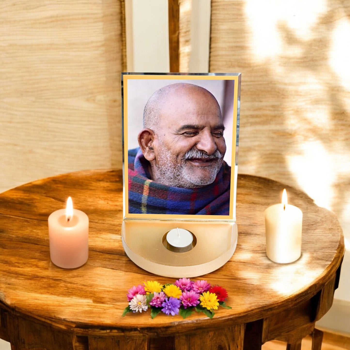 Neem Karoli Baba with T-light for Blessings