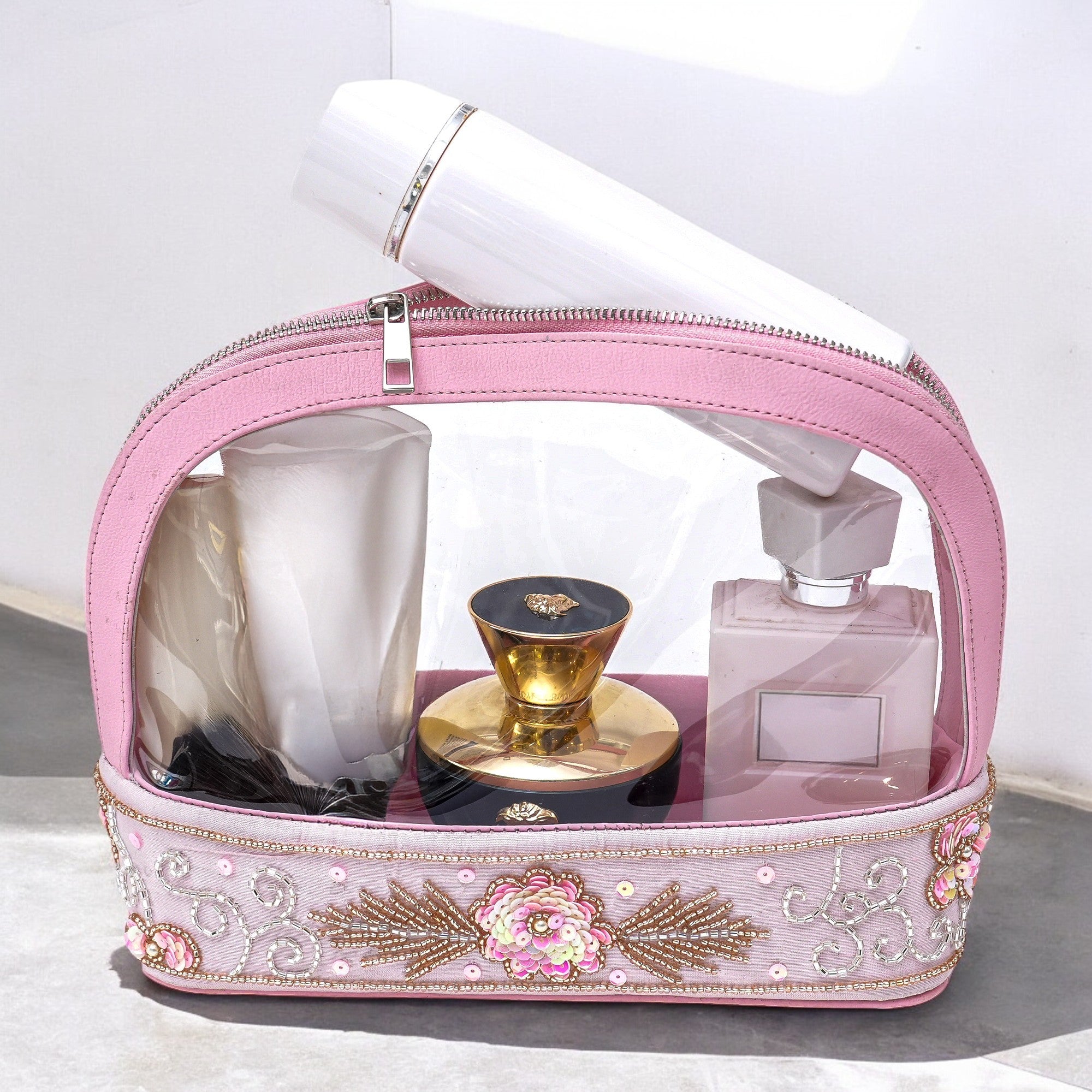 Pink Flower Embroidered Make-Up Pouch