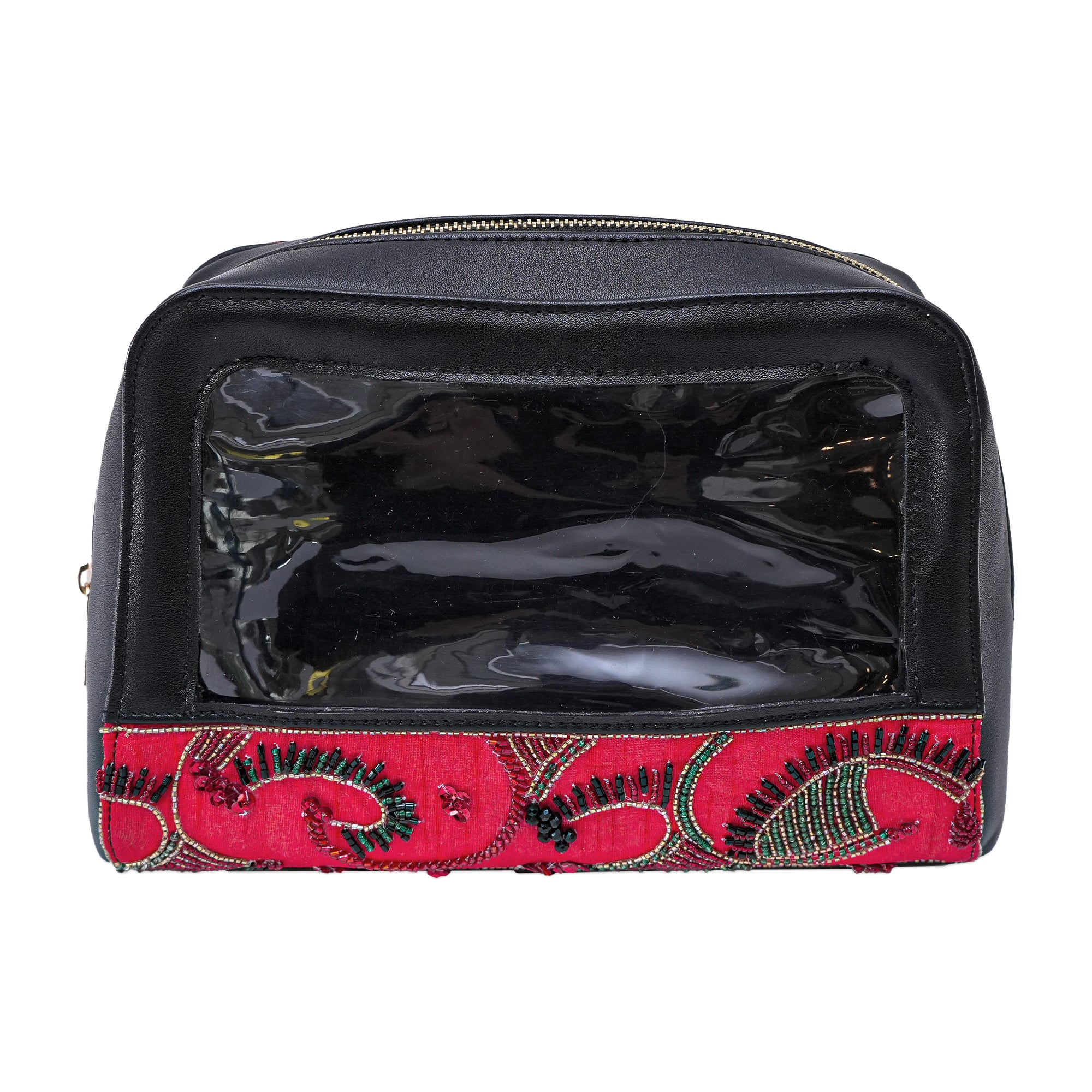 Black pu with Red embroidered make-up pouch