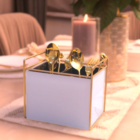 Luxury White Glass Cutlery Holder With Two Partition