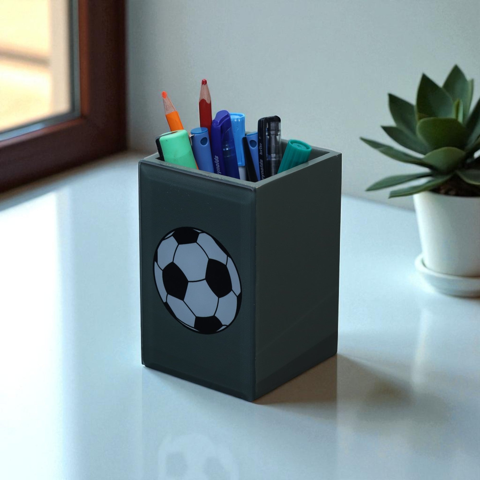 Premium Glass Pen Holder with Football Design