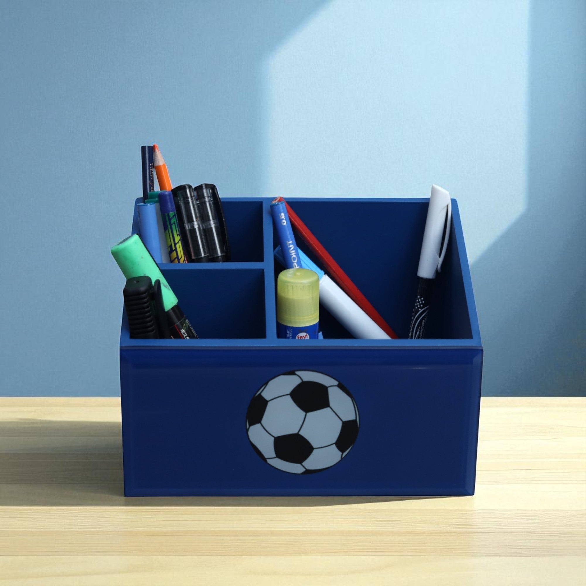 Premium Blue Glass Stationery Desk Organizer with Football Design