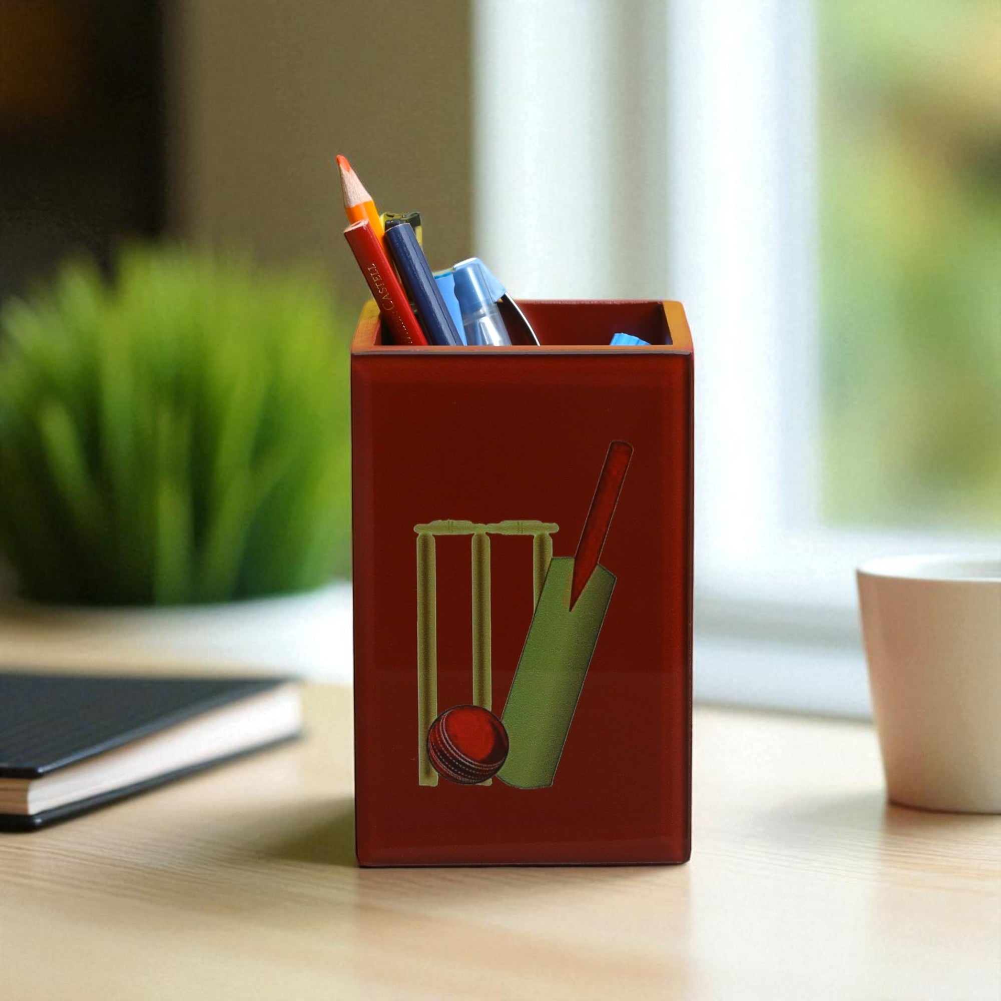 Premium Glass Pen Holder with Cricket