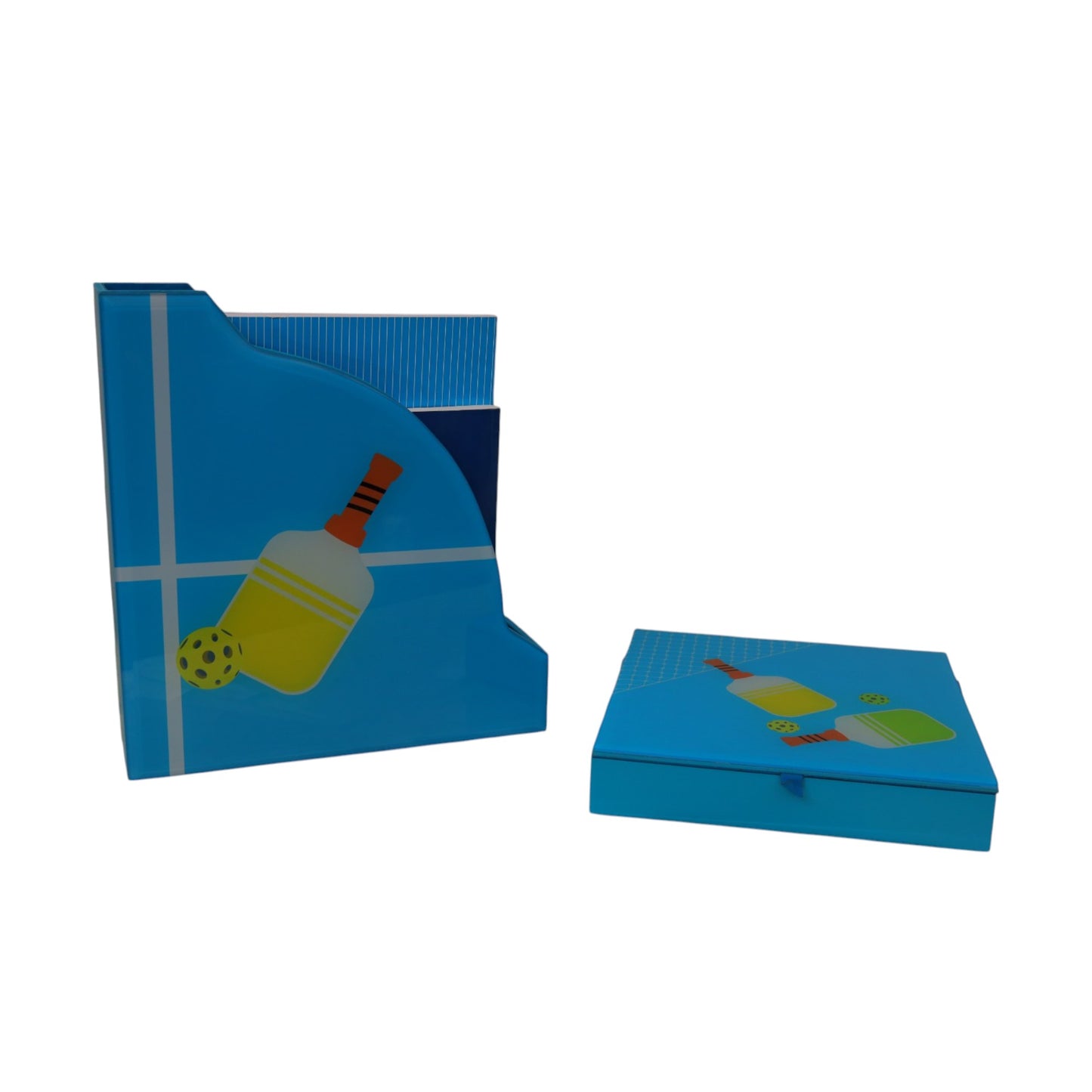 Premium Glass Magazine Holder & Stationery Organizer with Pickle Ball Design