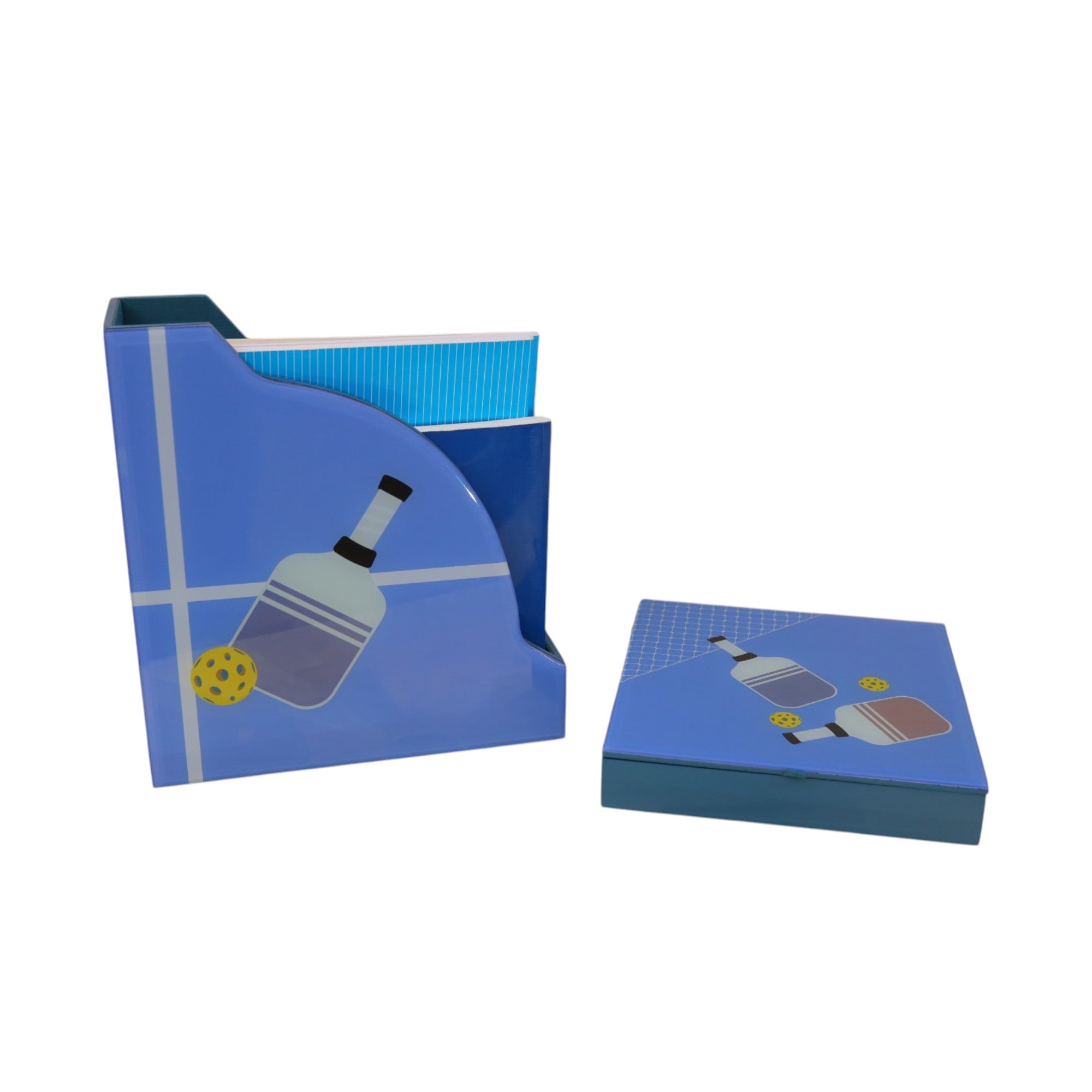 Premium Glass Magazine Holder & Stationery Organizer with Pickle Ball Design