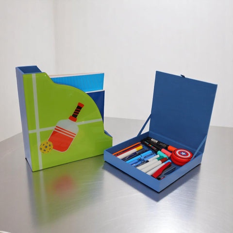 Premium Glass Magazine Holder & Stationery Organizer with Pickle Ball Design