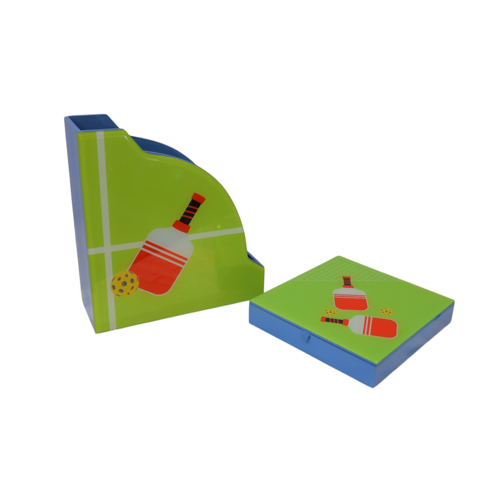 Premium Glass Magazine Holder & Stationery Organizer with Pickle Ball Design