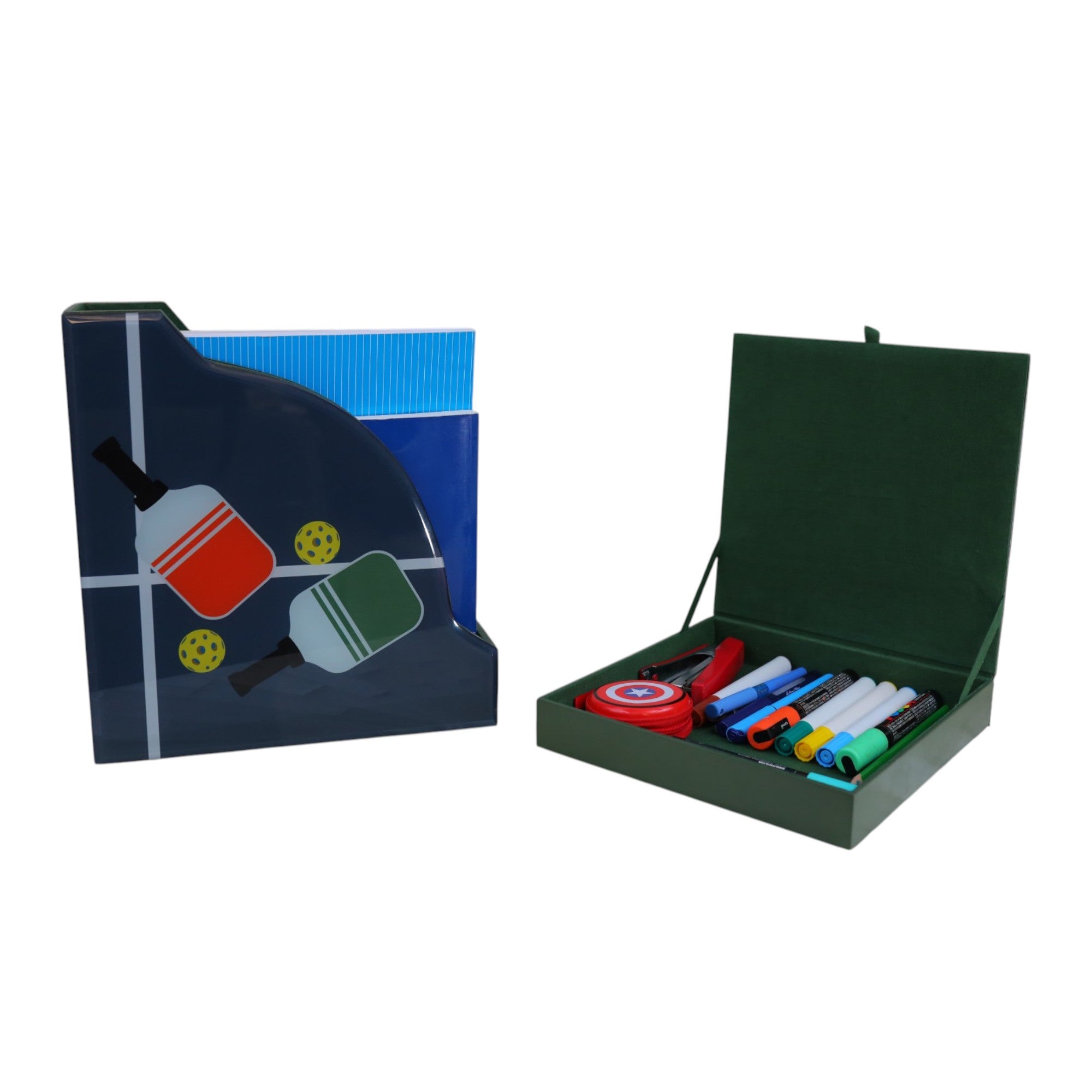 Premium Glass Magazine Holder & Stationery Organizer with Pickle Ball Design