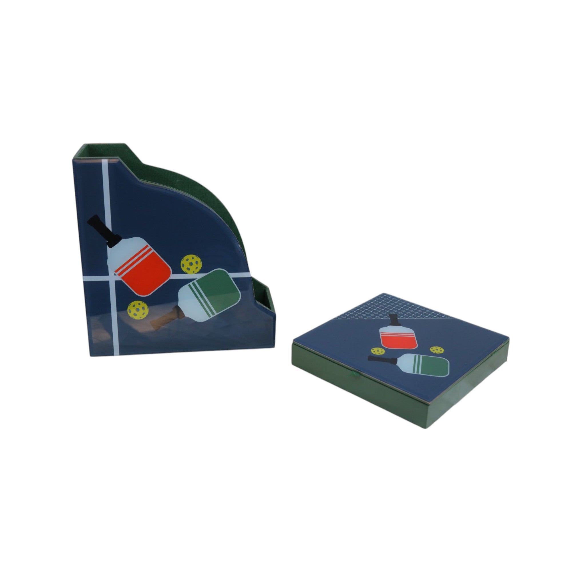 Premium Glass Magazine Holder & Stationery Organizer with Pickle Ball Design