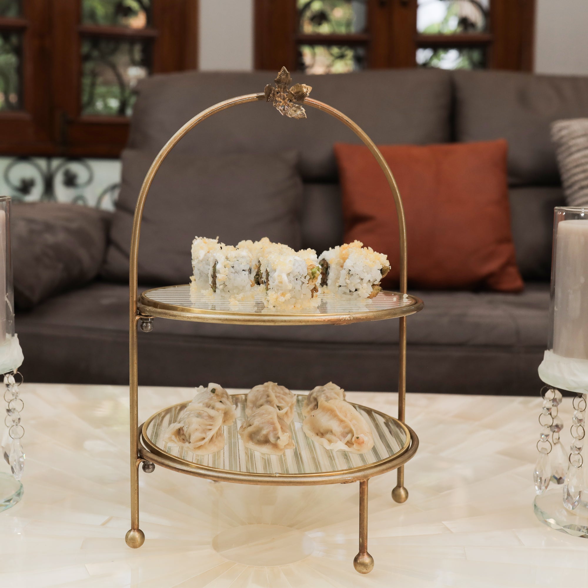 Metal Serving Food Platter with Designer Glass