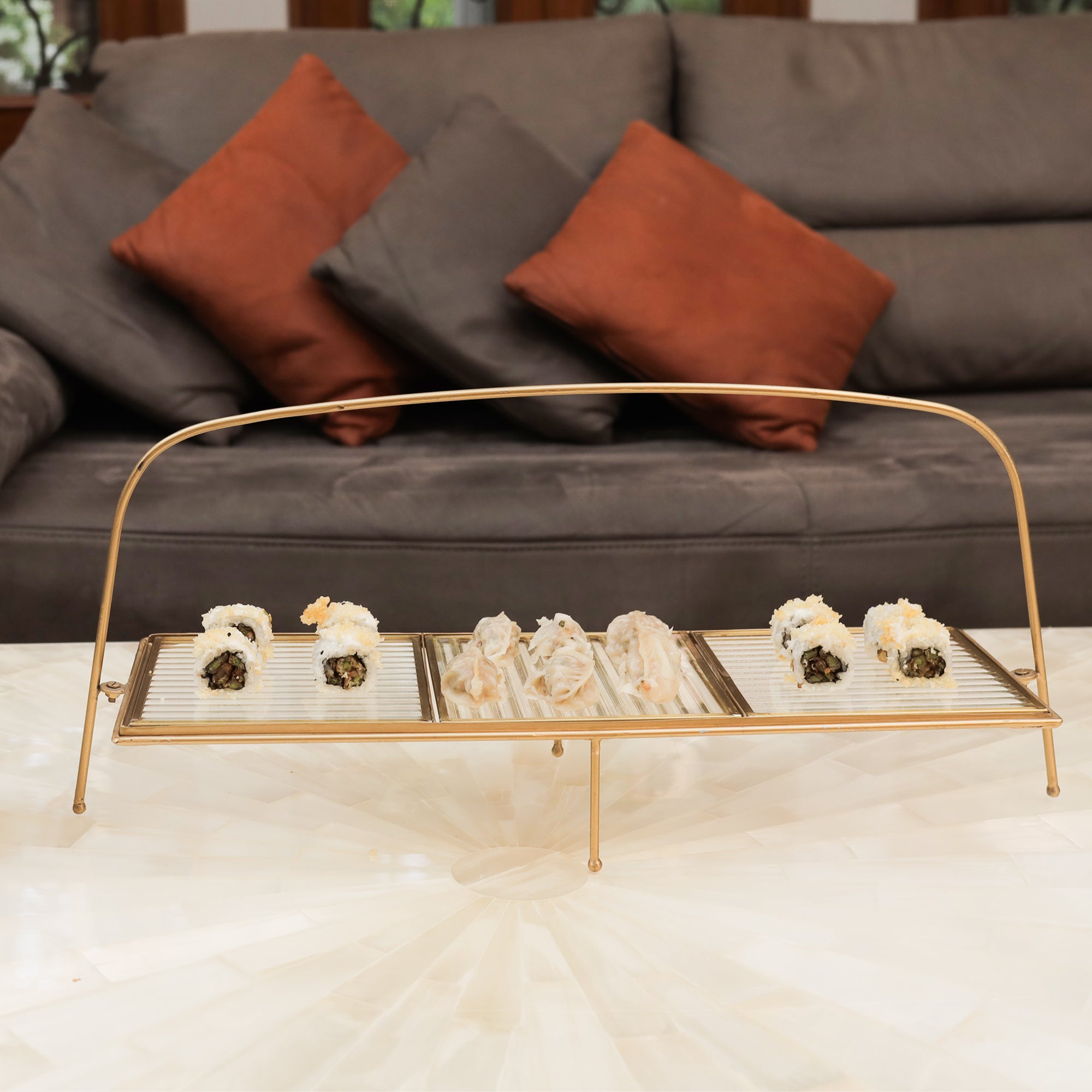 Premium Metal Long Cradle Triple Tray Serving Food Platter