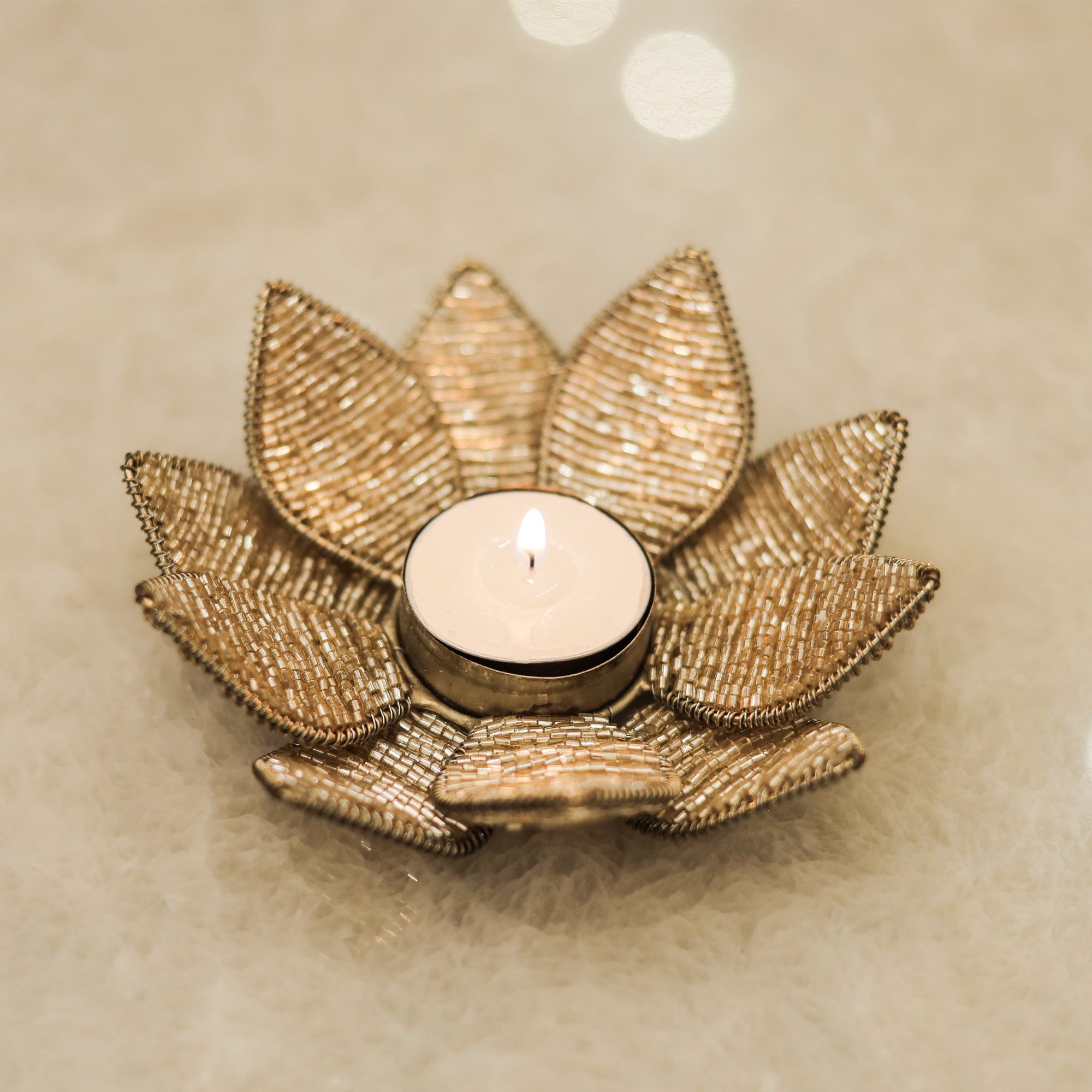 Elegant Metal Beaded T-Light Stand for Cozy Ambiance