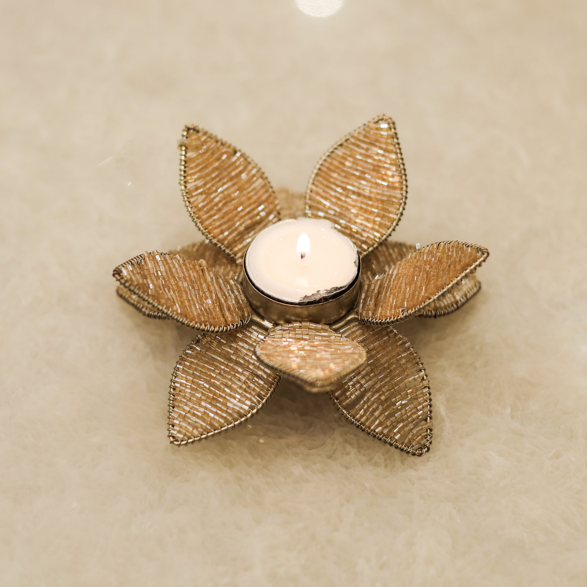 Glamorous Metal Beaded T-Light Stand for Elegant Home Decor