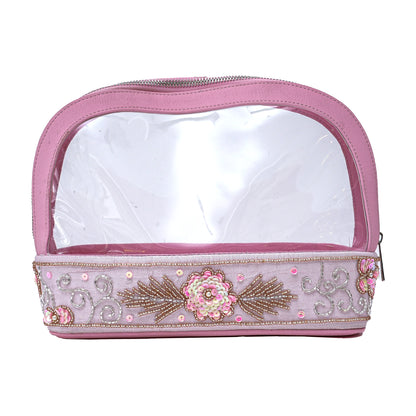 Pink Flower Embroidered Make-Up Pouch