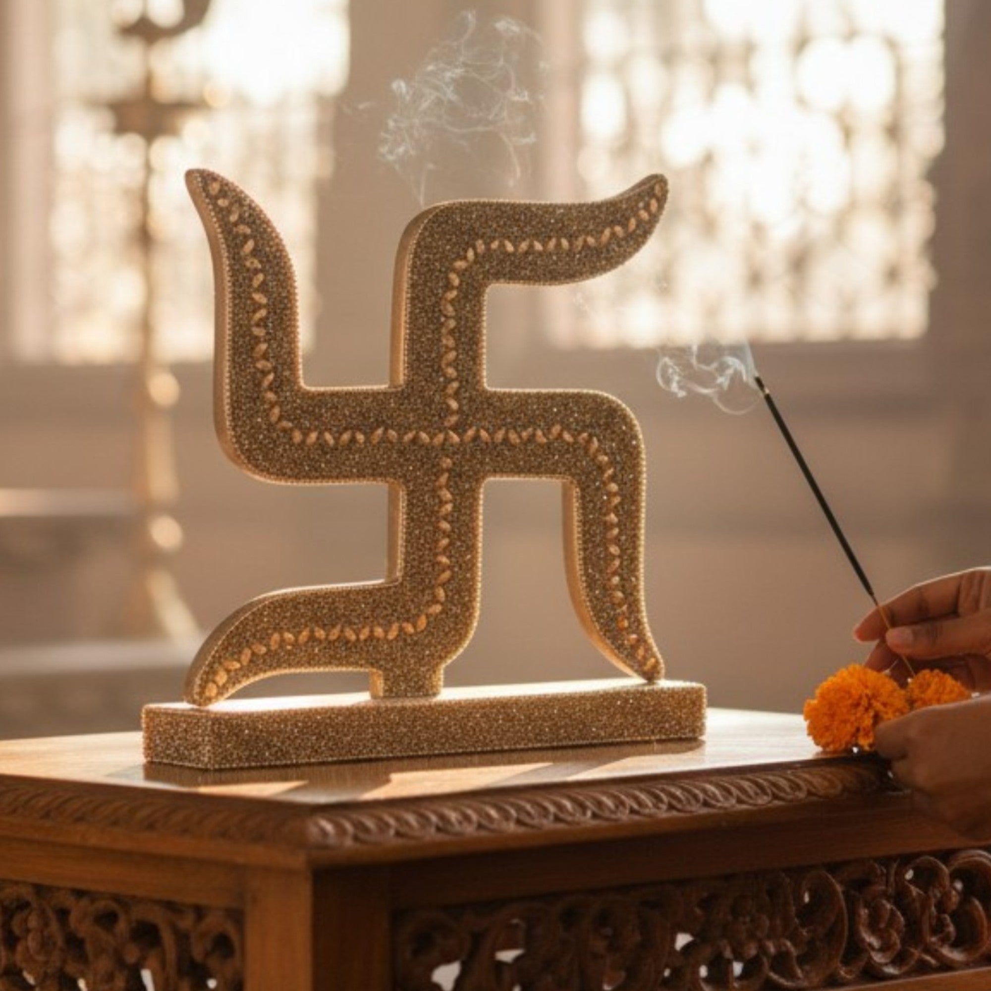 Golden Beaded Swastik Idol Stand — Handcrafted Home Decor