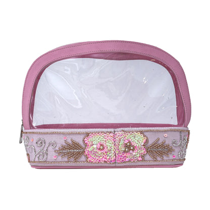 Pink Flower Embroidered Make-Up Pouch