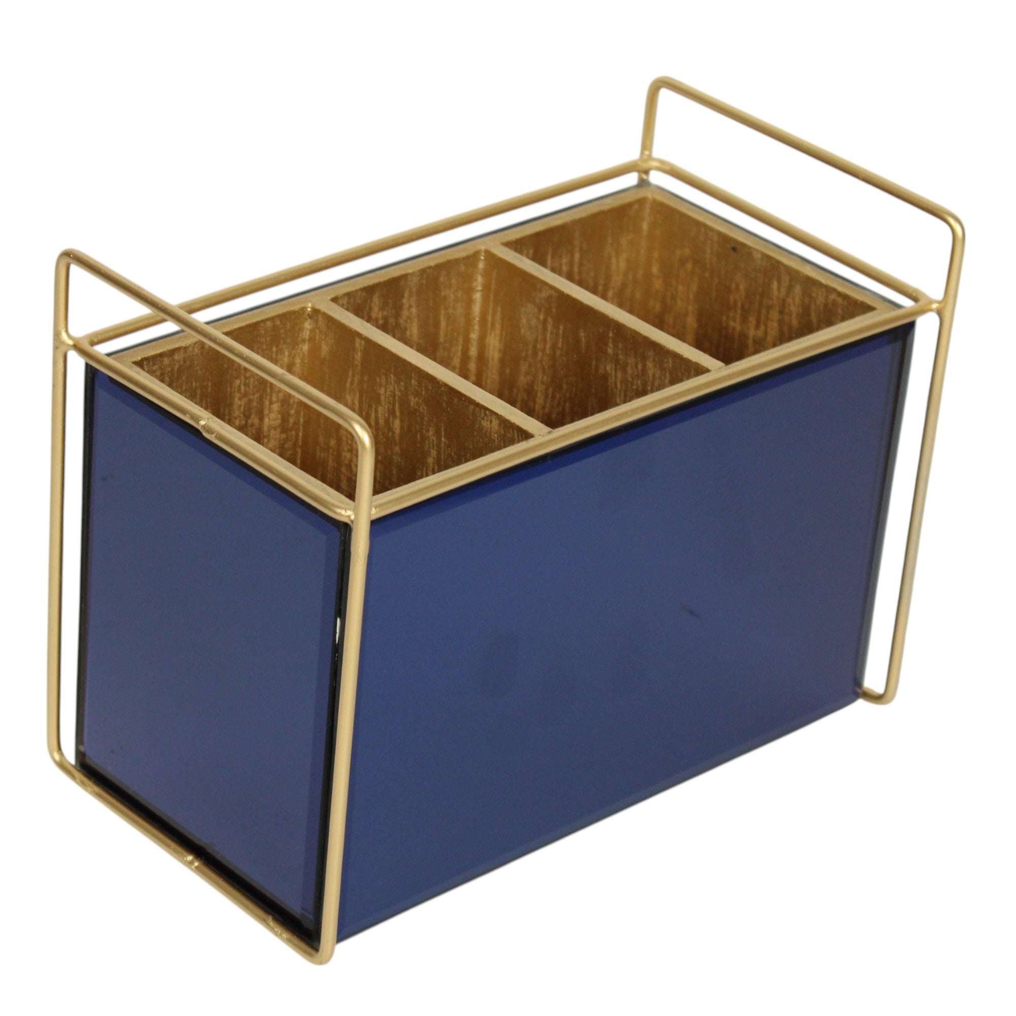 Luxury Blue Glass Cutlery Holder With Three  Partition