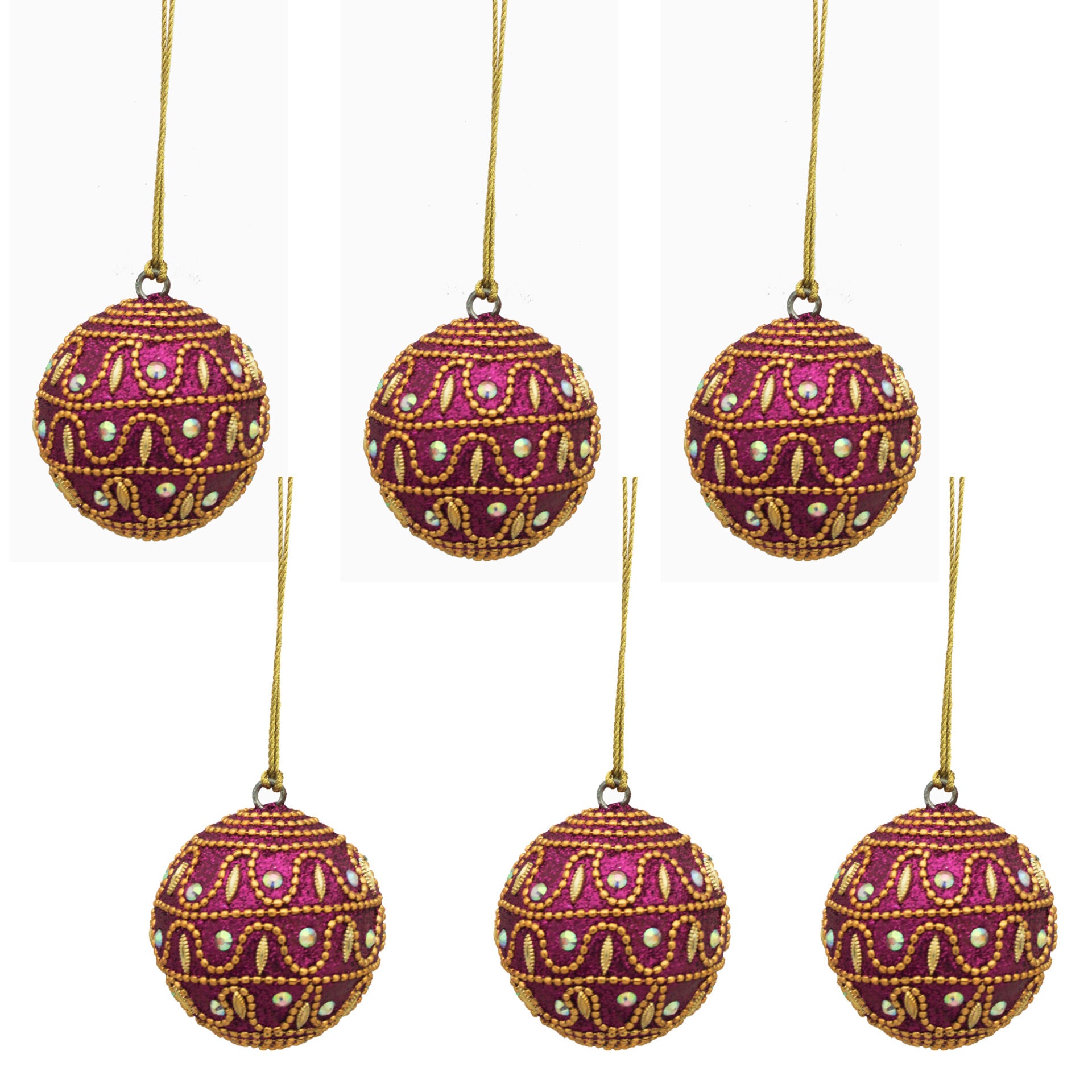 Set of 6 Beaded with Lac Christmas Tree Decorative Balls