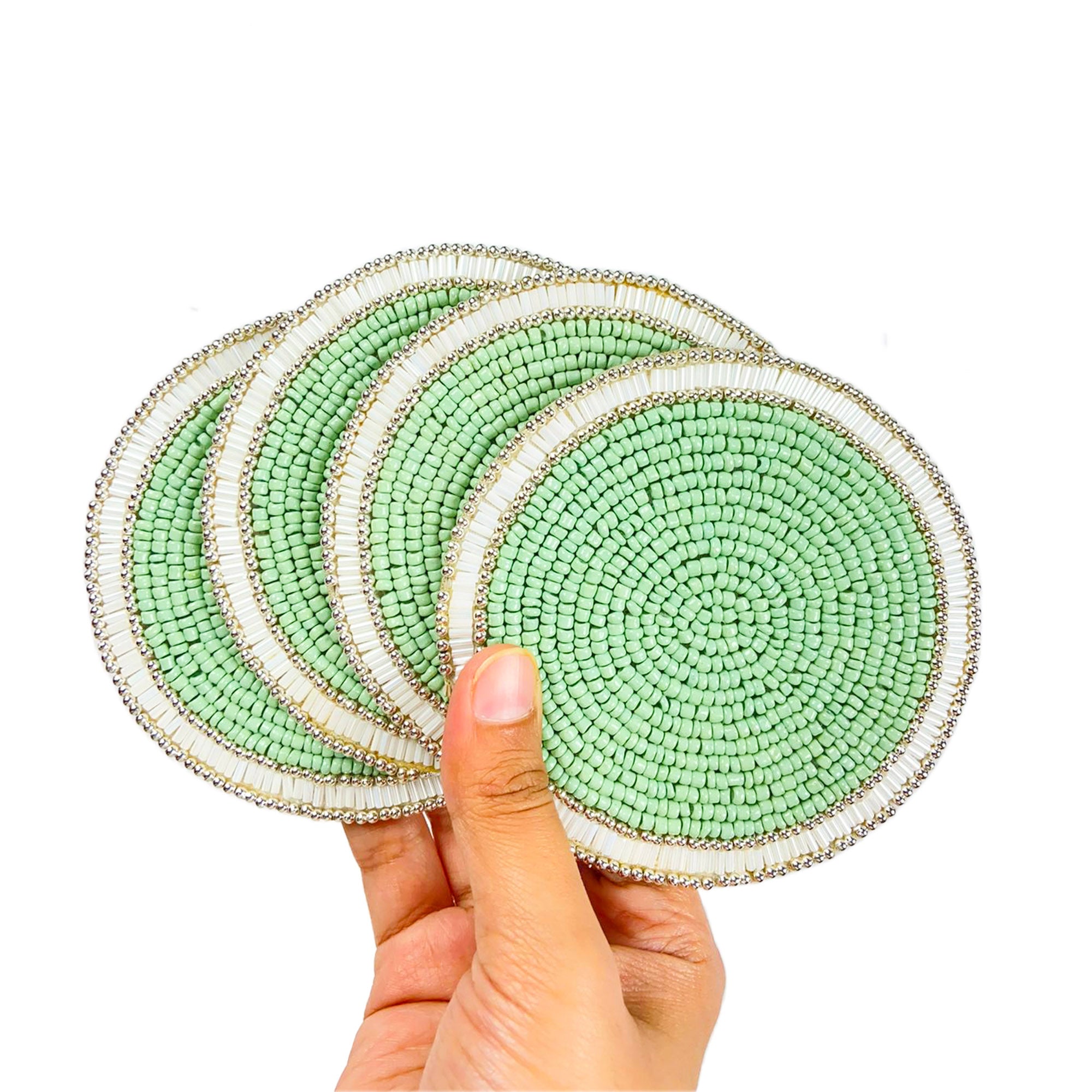 Sea Green / White & Gold Glass Bead Embroidered Coaster Set of Four