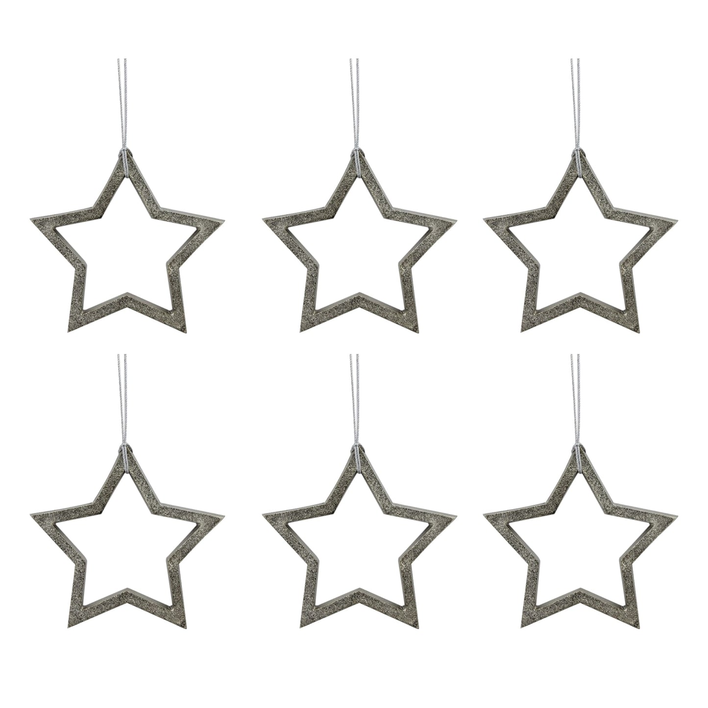 Set of 6 Silver Star Shaped Hanging Ornaments for Christmas Tree Decoration