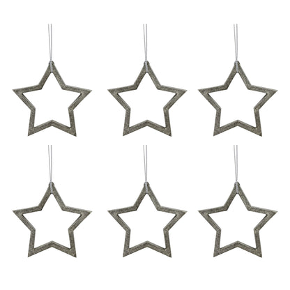 Set of 6 Silver Star Shaped Hanging Ornaments for Christmas Tree Decoration