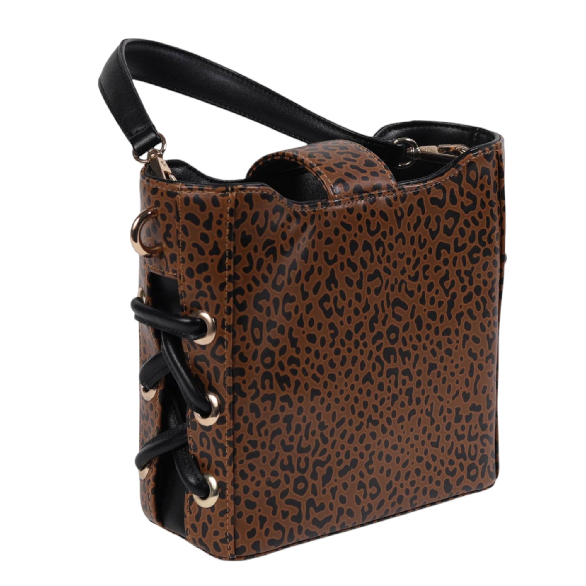 Genuine Leather Printed Structured Handbag with Side Lacing Detail