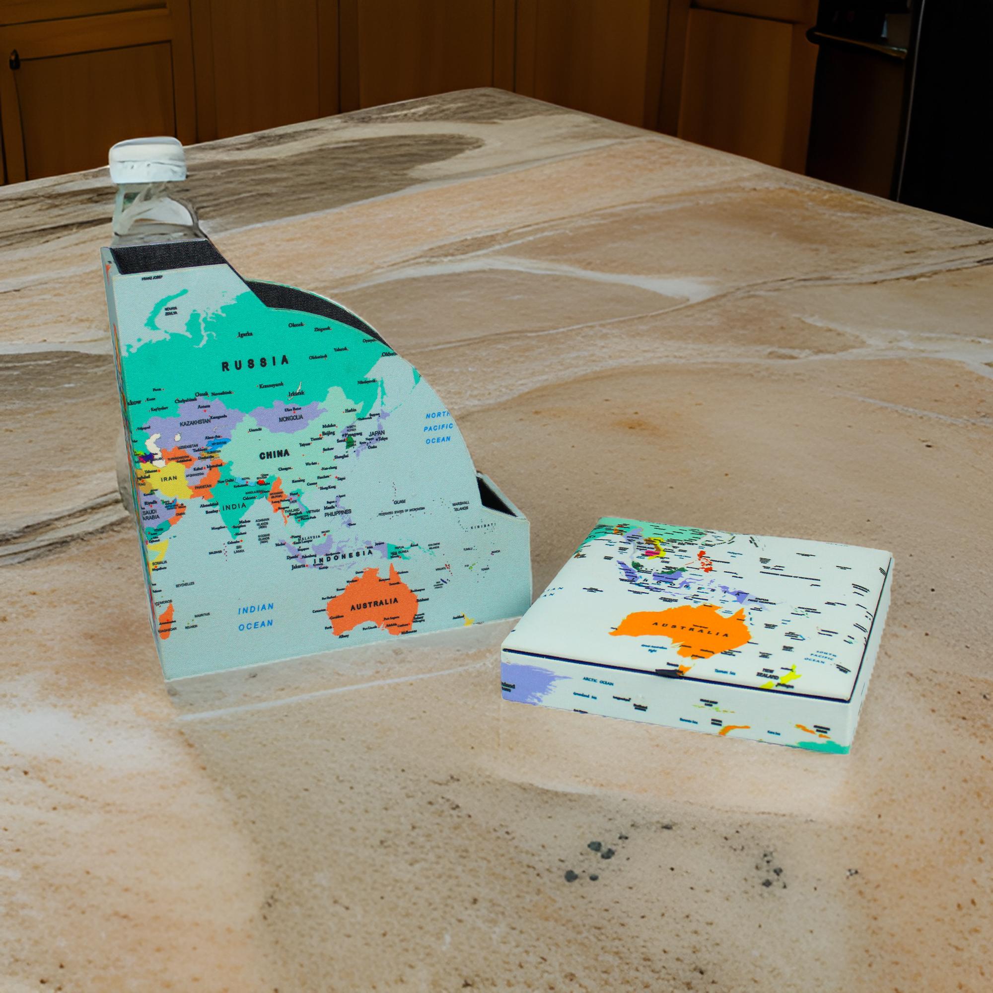 World Map Design Magazine Holder & Stationery Organizer (Set of 2)