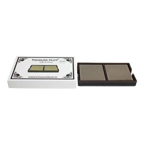 Brown Glass Coasters Set of Eight with Leatherite Caddy Tray