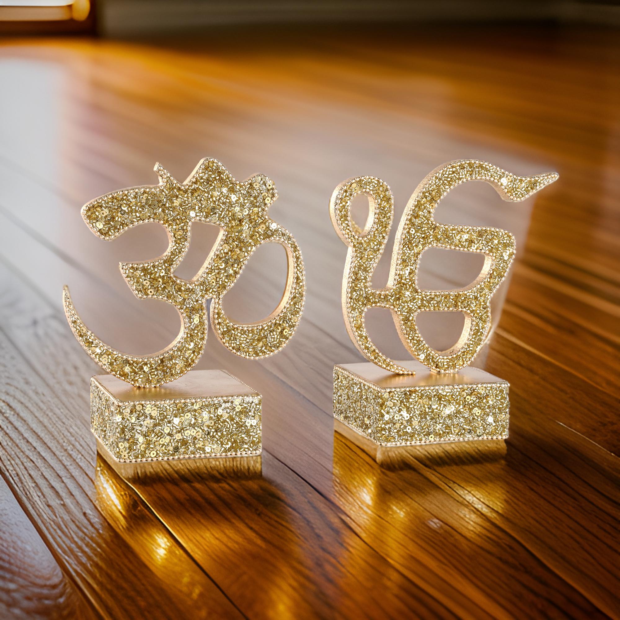 Decorative “Om & Omkara” with Glitter, Gold Color, Religious Table Décor-TH-222