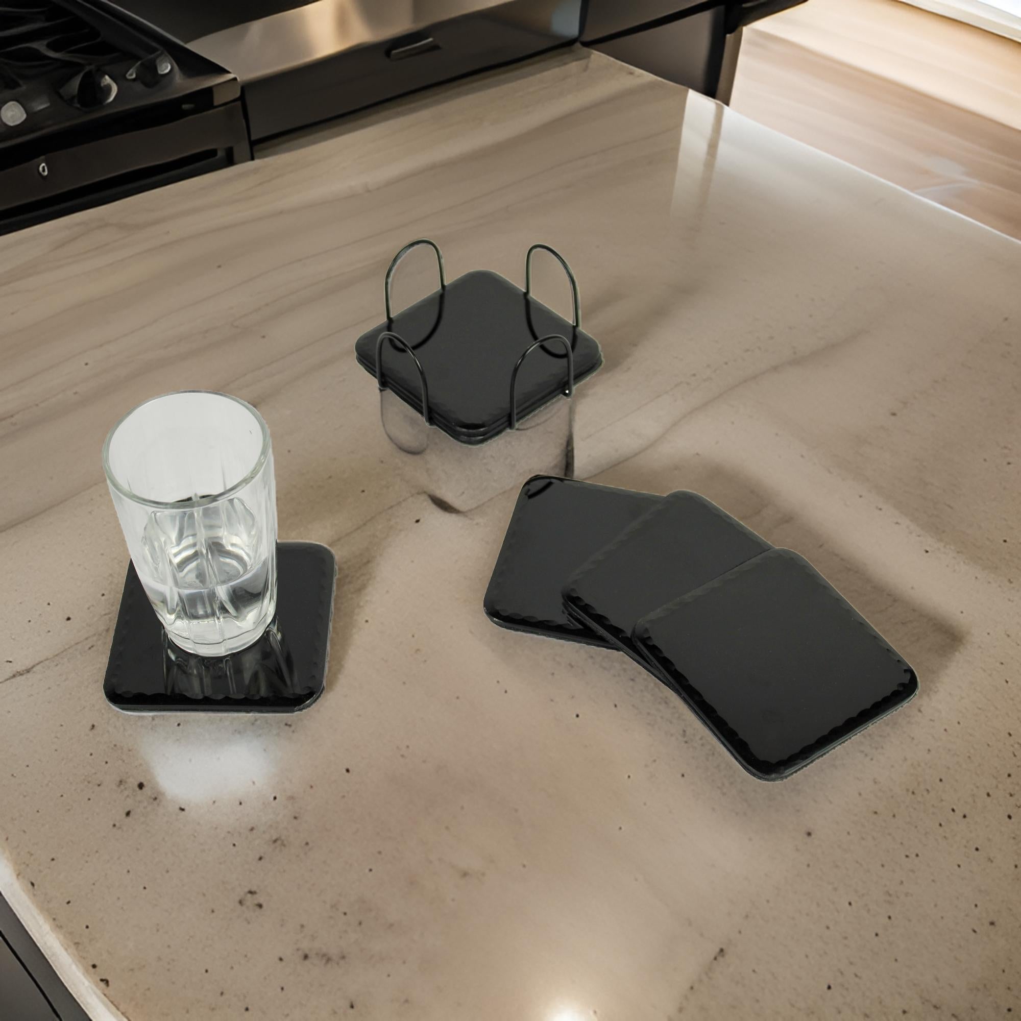 Glass Black Coaster Set of Six with Metal Tray
