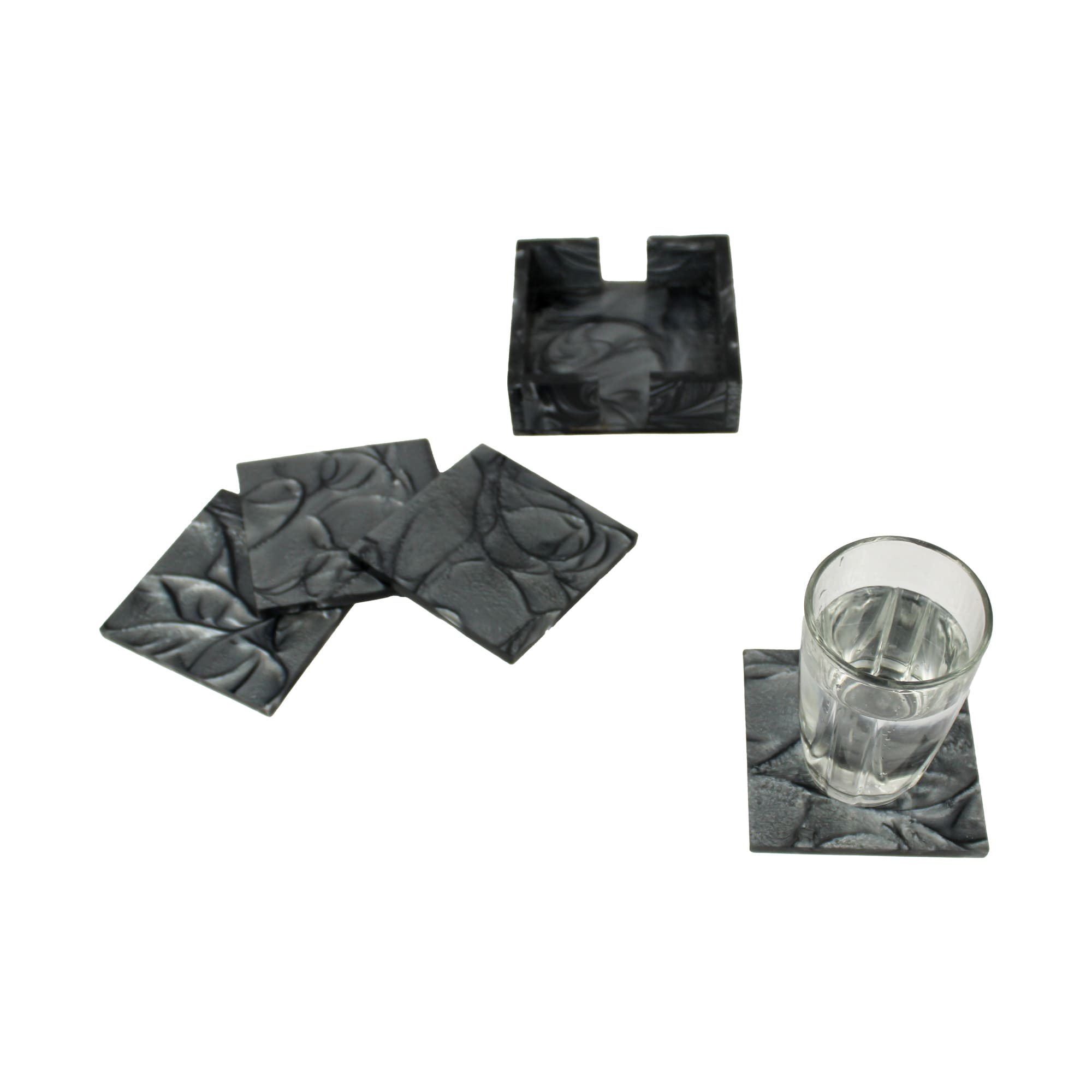 Black Resin Coaster set of Four with Caddy Tray