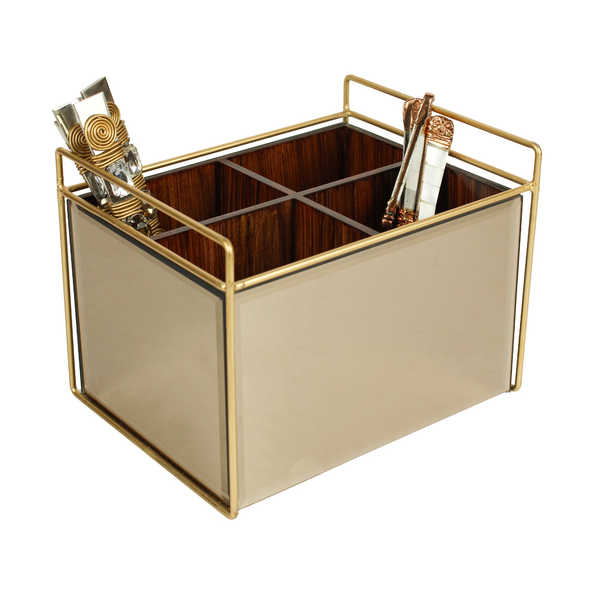 Luxury Brown Glass Cutlery Holder With Four Partition