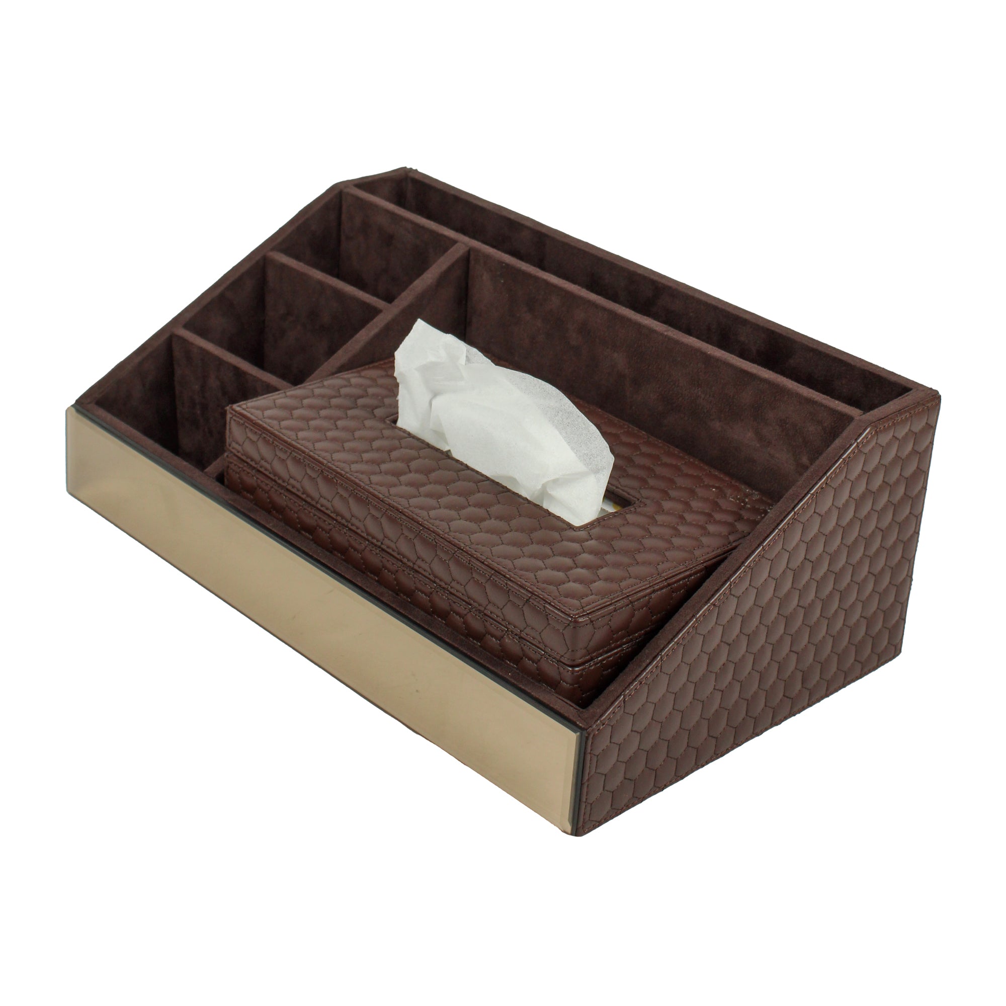 Premium  Brown Leatherite Desk Organizer With Tissue Box