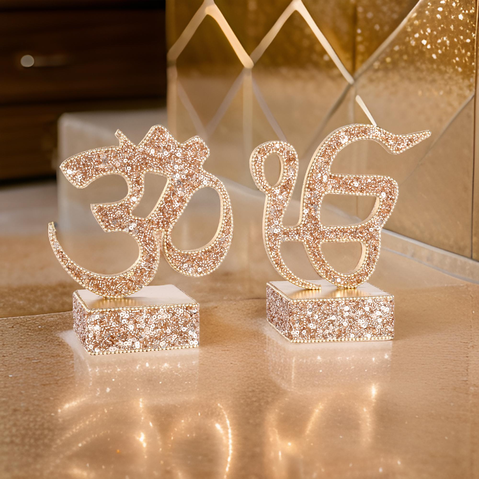 Decorative “Om & Omkara” with Glitter, Rose Gold Color, Religious Table Décor - TH-220
