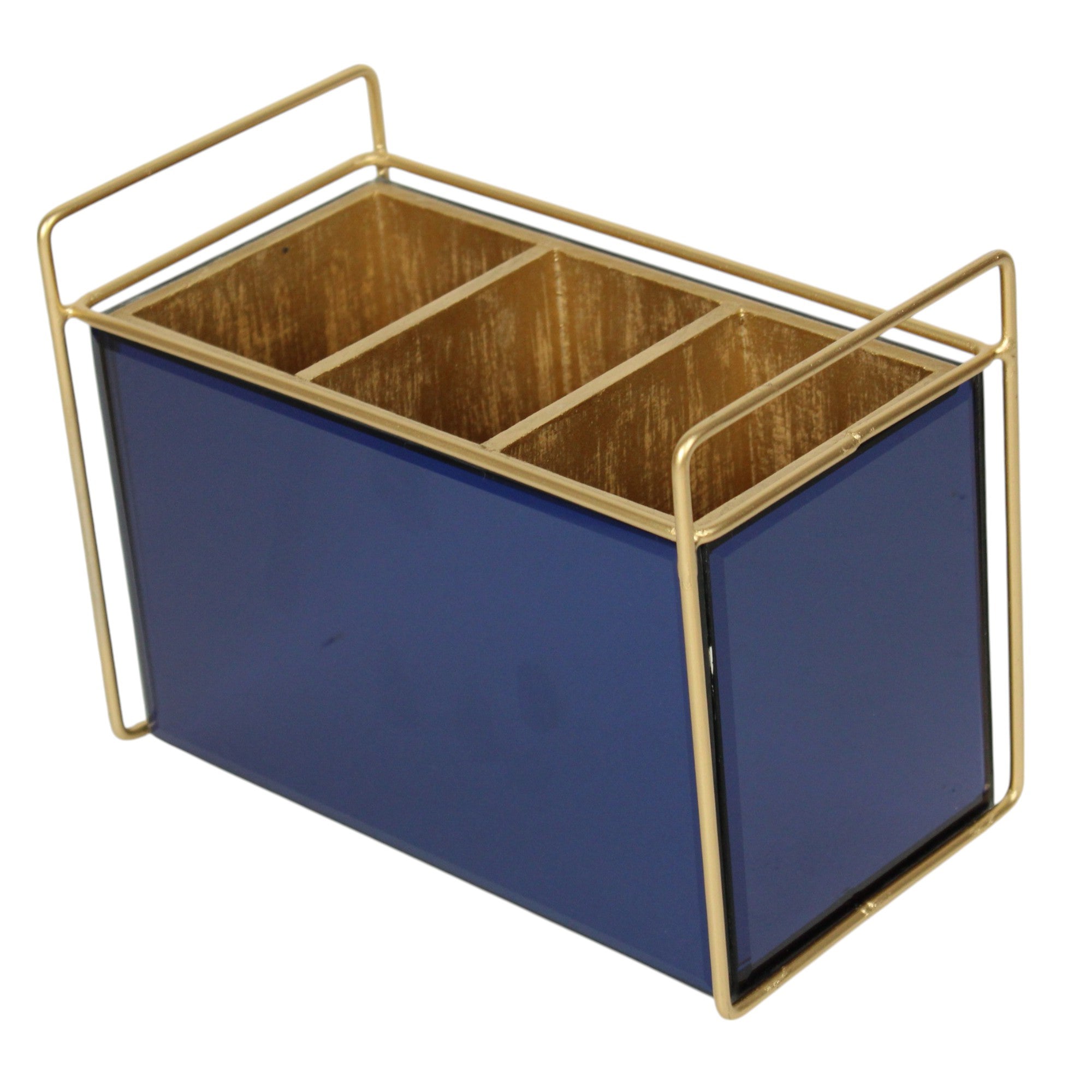 Luxury Blue Glass Cutlery Holder With Three  Partition