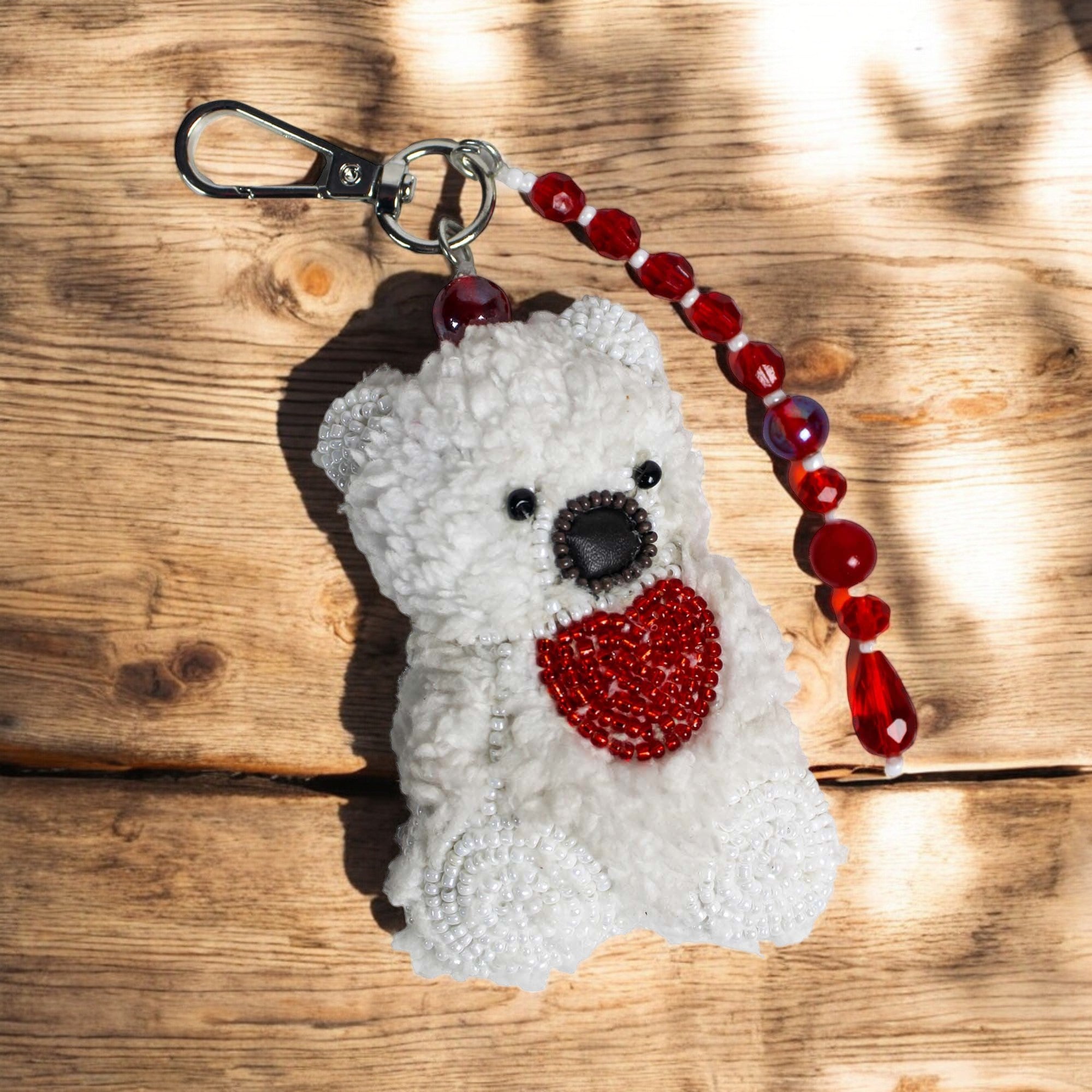 White Teddy Bear Shaped With Heart Bag Charm