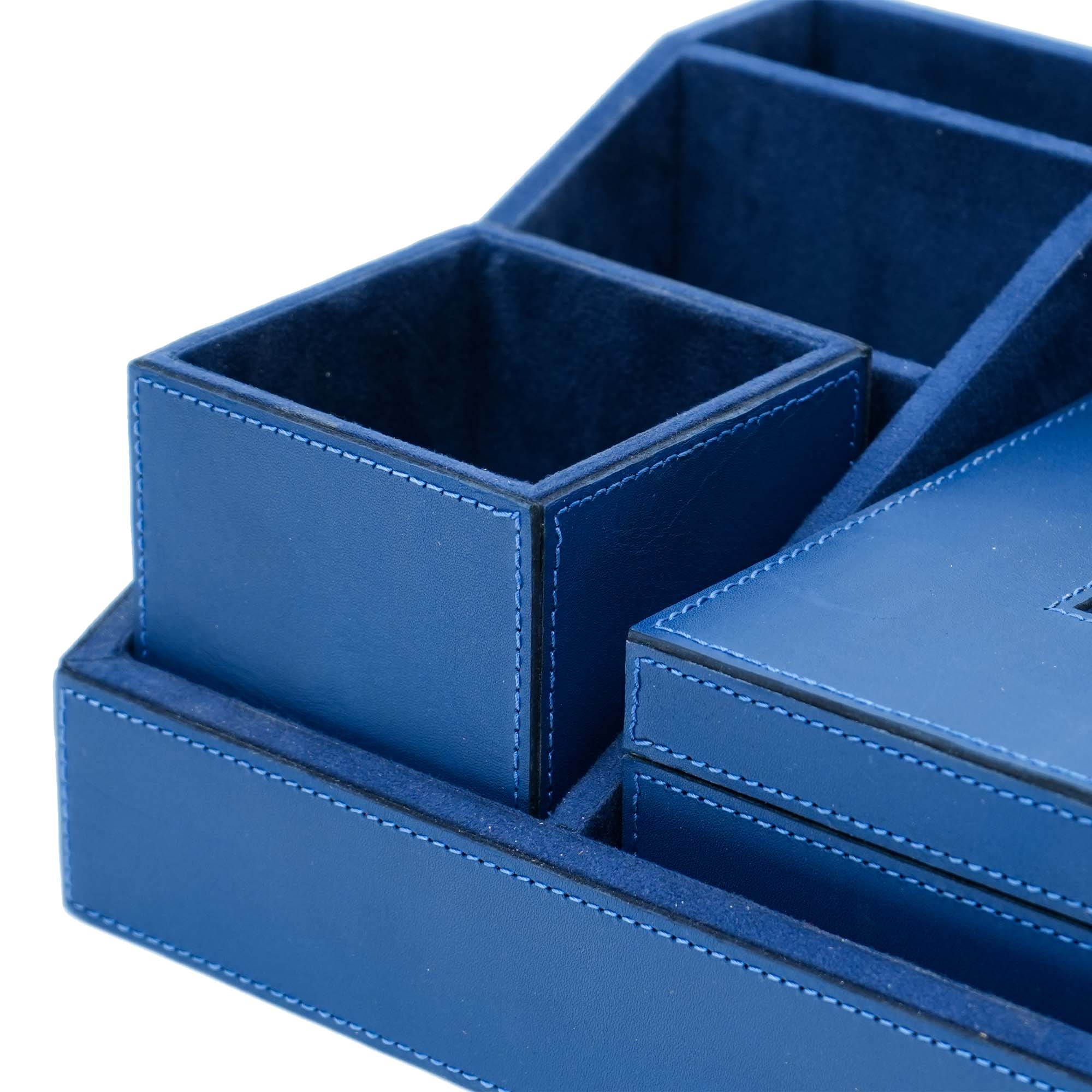 Premium Blue Leather Stationery Desk Organizer With Tissue Box