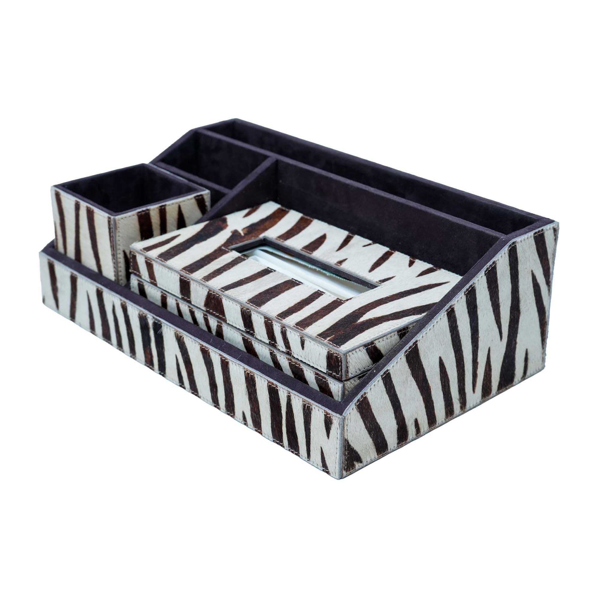 Premium White Brown Printed Stationery Desk Organizer With Tissue Box
