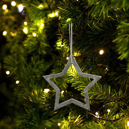 Set of 6 Silver Star Shaped Hanging Ornaments for Christmas Tree Decoration