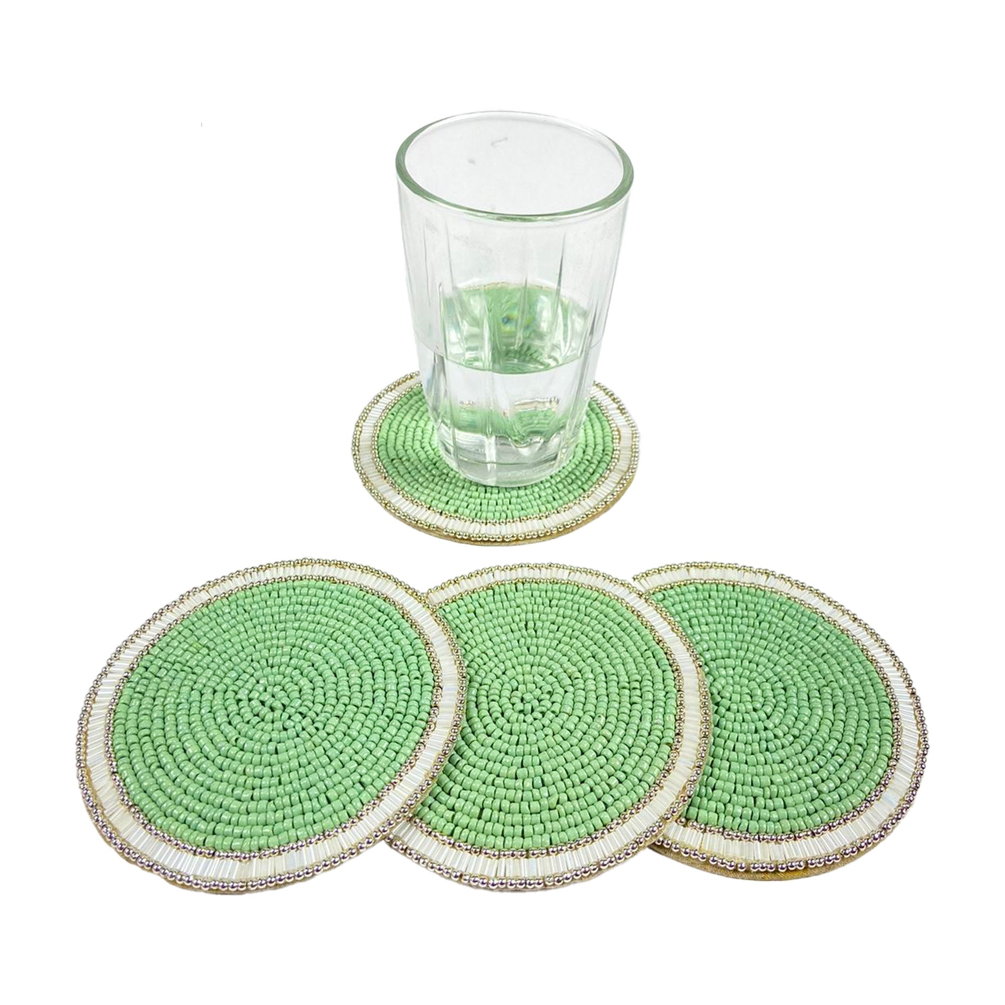 Sea Green / White & Golden Glass Bead Embroidered Coaster Set of Four
