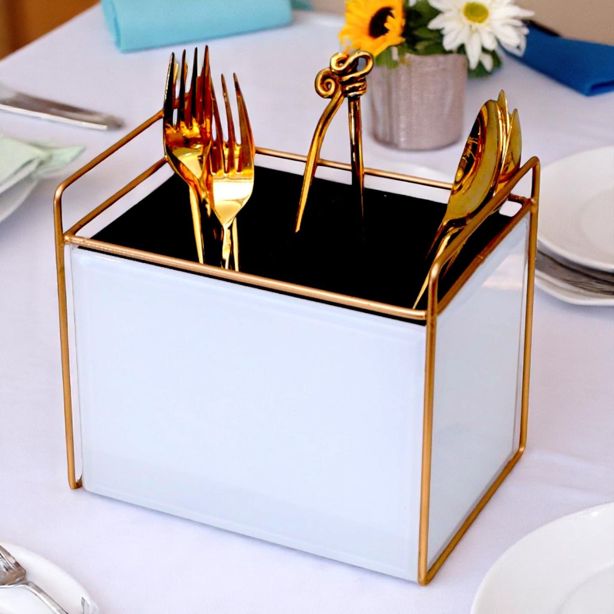 Luxury White Glass Cutlery Holder With Two Partition