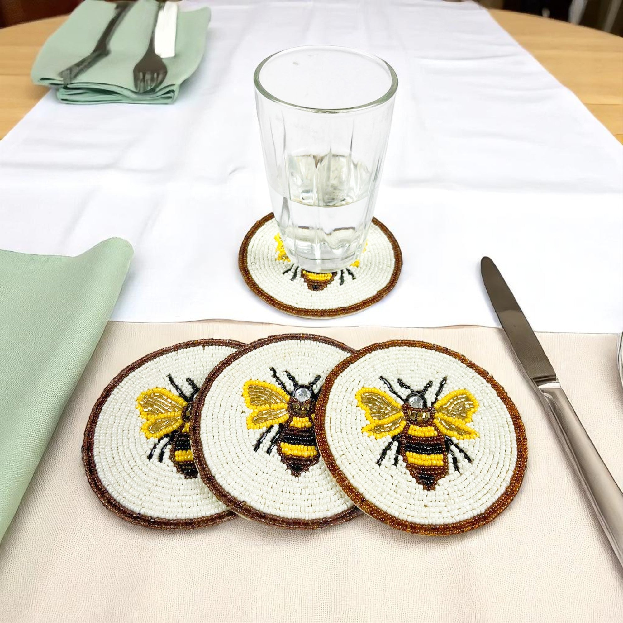 Beaded Embroidered Honey Bee Design Coaster Set of Four