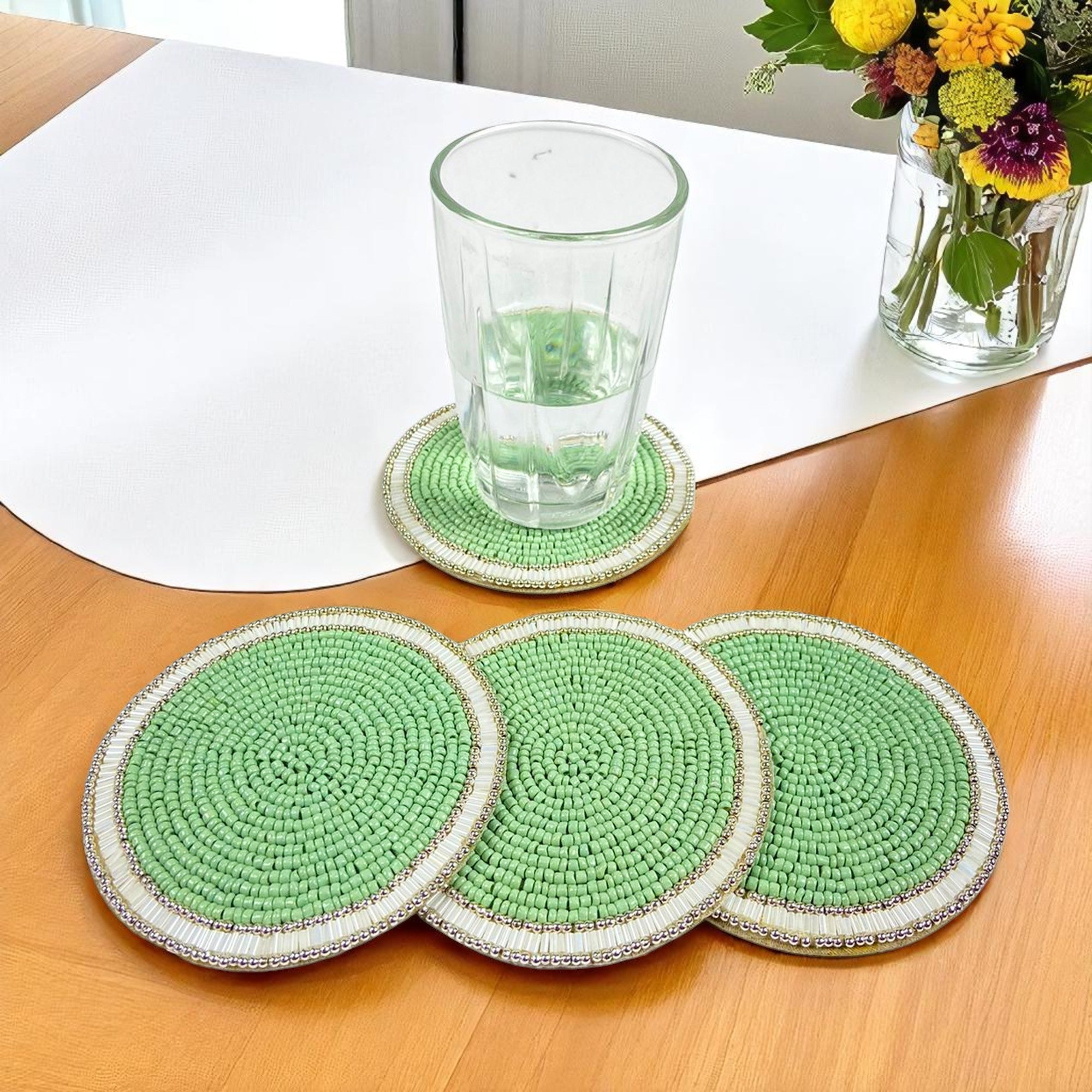 Sea Green / White & Gold Glass Bead Embroidered Coaster Set of Four