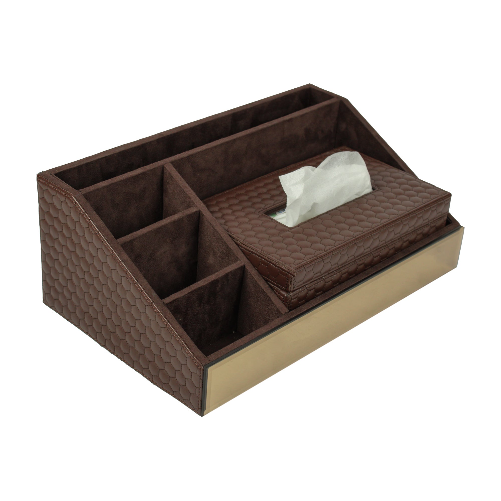 Premium  Brown Leatherite Desk Organizer With Tissue Box